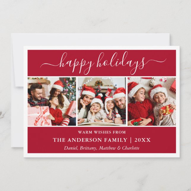 Modern Calligraphy Script Red 3 Photo Holiday Card (Front)