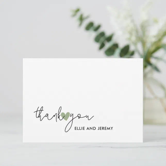 Modern Calligraphy Script Sage Green Heart Wedding Thank You Card | Zazzle