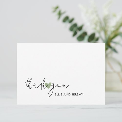Modern Calligraphy Script Sage Green Heart Wedding Thank You Card