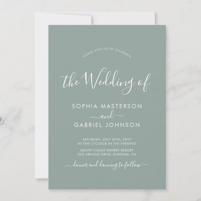 Modern Calligraphy Script Sage Green Photo Wedding Invitation (Front)