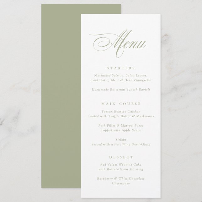 Modern Calligraphy Script Sage Green Wedding Menu (Front/Back)