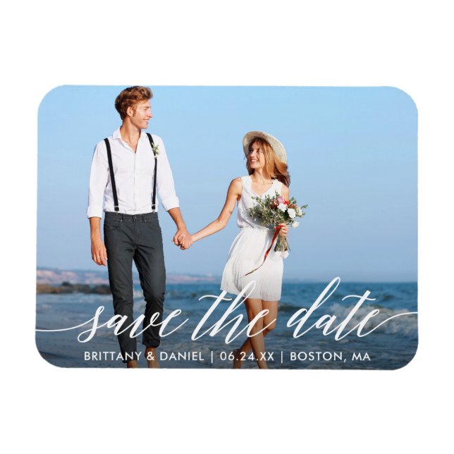 Modern Calligraphy Script Save The Date Photo Magnet (Horizontal)