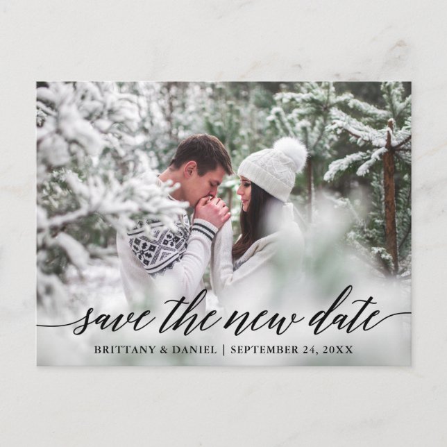 Modern Calligraphy Script Save The New Date Postcard (Front)
