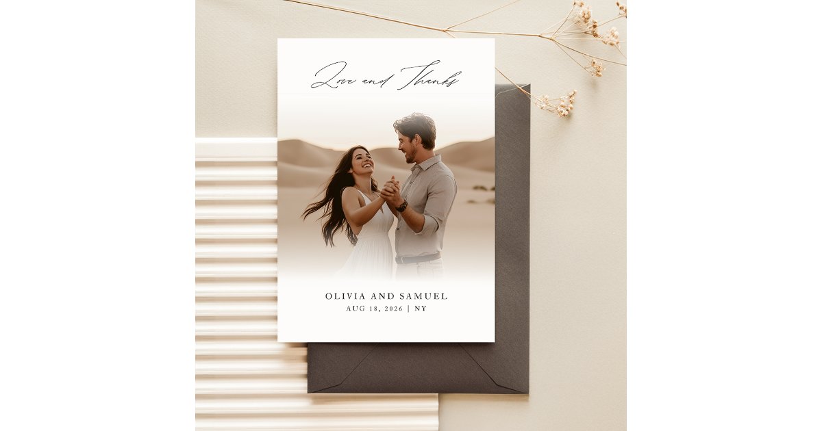 Modern Calligraphy Script Simple Photo Wedding Thank You Card | Zazzle