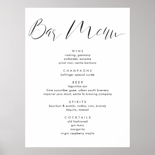 Modern Calligraphy Script Wedding Drinks Bar Menu  Poster