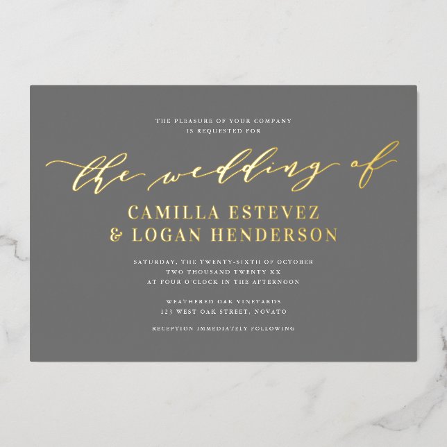 Modern Calligraphy Script Wedding Grey + Gold Foil Invitation (Front)
