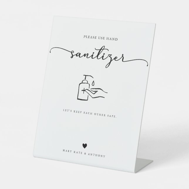 Modern Calligraphy Script Wedding Hand Sanitizer Pedestal Sign (Front)