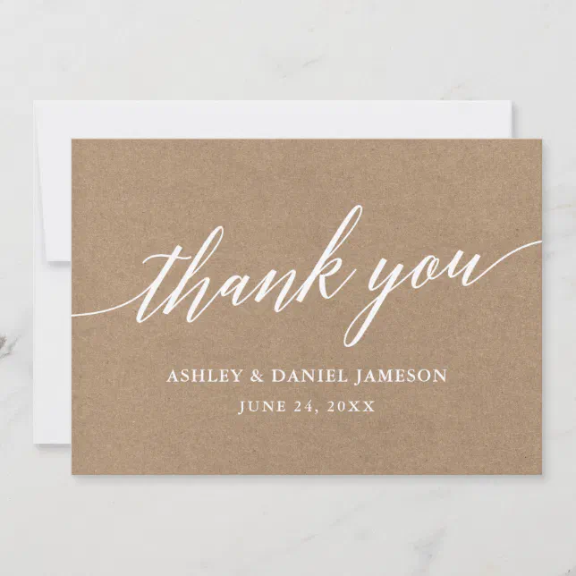 Modern Calligraphy Script Wedding Kraft Thank You Card | Zazzle