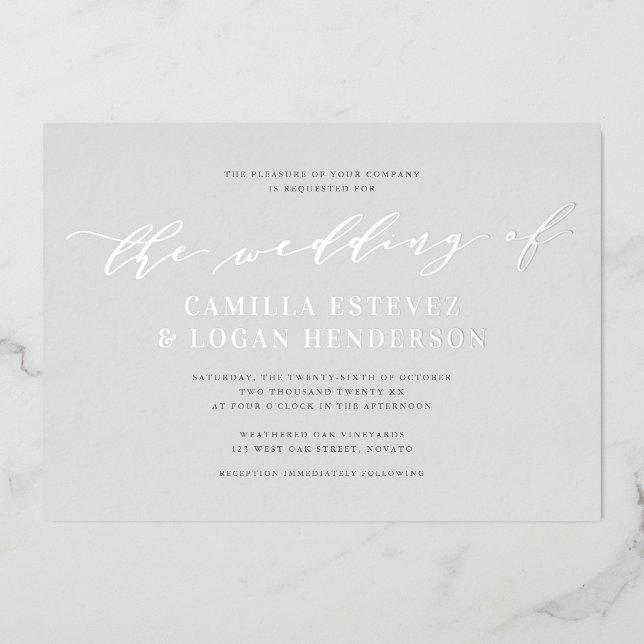 Modern Calligraphy Script Wedding Pale Grey Silver Foil Invitation (Front)