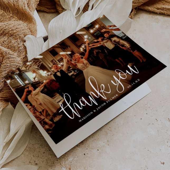 Modern Calligraphy Script Wedding Photo Letterpress Thank You Card (Creator Uploaded)