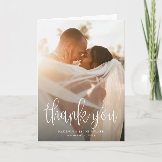 Modern Calligraphy Script Wedding Photo Letterpress Thank You Card (Front)