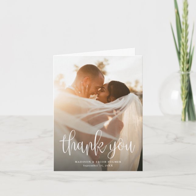 Modern Calligraphy Script Wedding Photo Letterpress Thank You Card (Front)