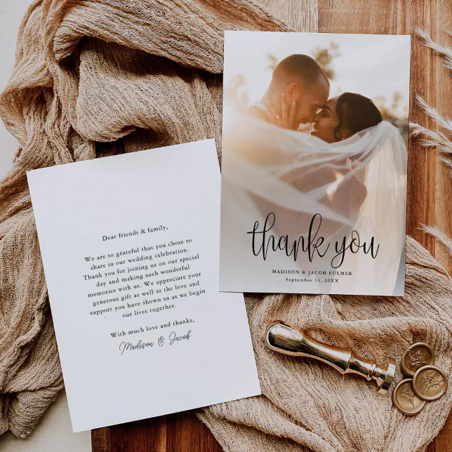Modern Calligraphy Script Wedding Photo Thank You Card | Zazzle