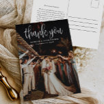 Modern Calligraphy Script Wedding Photo Thank You Postcard<br><div class="desc">This Modern Calligraphy Script Wedding Photo Thank You Postcard features your full wedding photo,  with calligraphy script overlay. Customize your special wedding thank you on the back,  or remove it to leave the back blank for your handwritten message of thanks.</div>