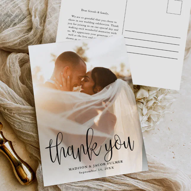 Modern Calligraphy Script Wedding Photo Thank You Postcard | Zazzle