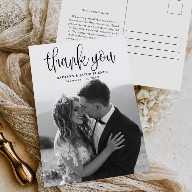 Modern Calligraphy Script Wedding Photo Thank You Postcard (Creator Uploaded)