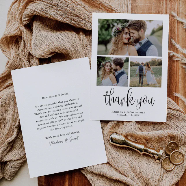 Modern Calligraphy Script Wedding Three Photo Thank You Card | Zazzle