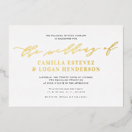 Modern Calligraphy Script Wedding White + Gold Foil Invitation
