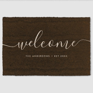 Modern Calligraphy Script Welcome Family Name Fiber Doormat