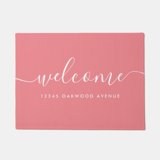 Modern Calligraphy Script Welcome Street Address Doormat (Front)