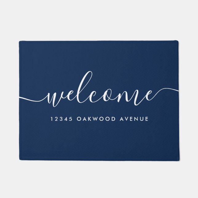 Modern Calligraphy Script Welcome Street Address Doormat (Front)