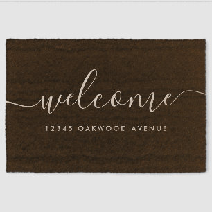 Modern Calligraphy Script Welcome Street Address Fiber Doormat