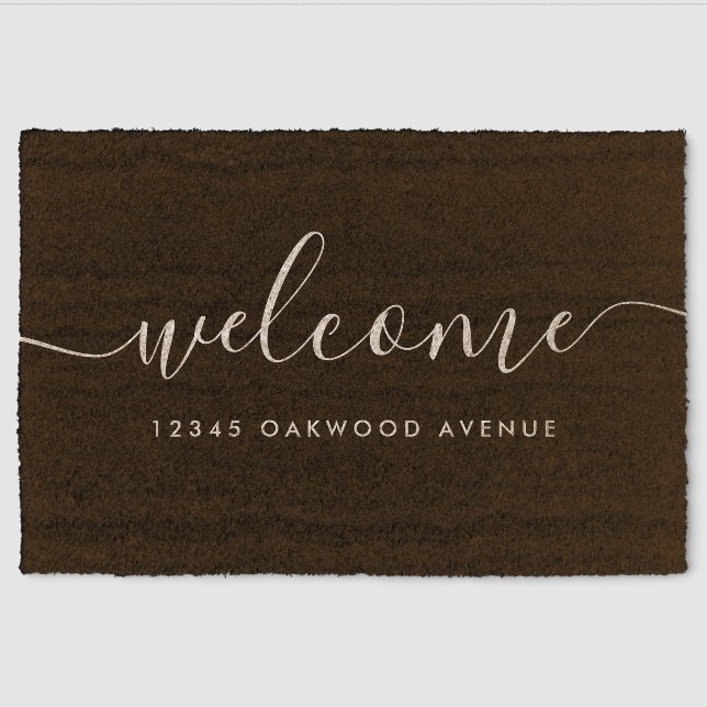 Modern Calligraphy Script Welcome Street Address Fiber Doormat (Front)