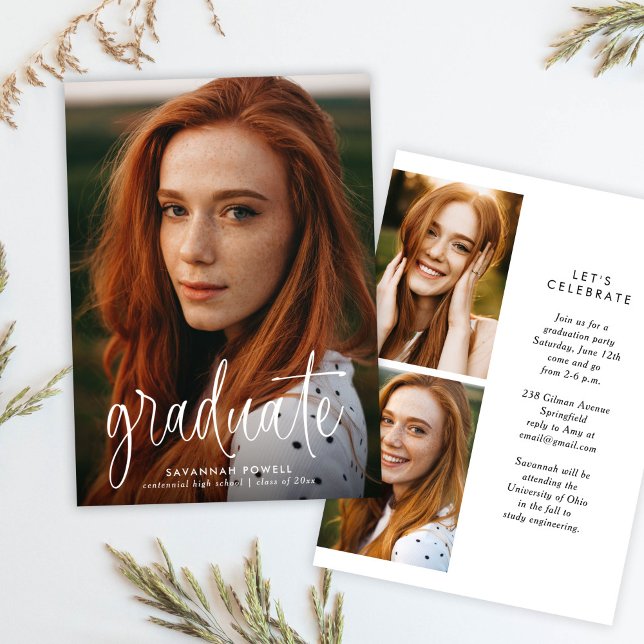 Modern Calligraphy Simple 3 Photo Graduation Party Invitation (Creator Uploaded)