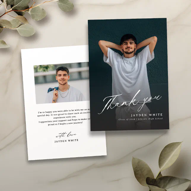 Modern Calligraphy Simple Photo Graduation Thank You Card | Zazzle