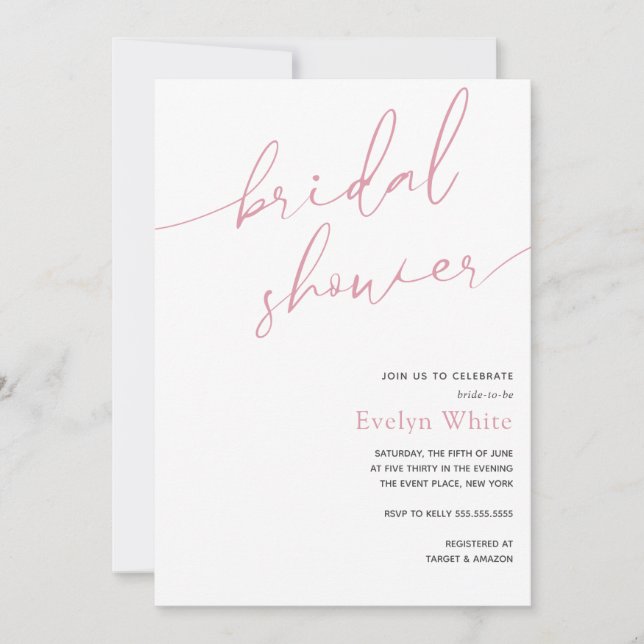 Modern Calligraphy Simple Pink Bridal Shower  Invitation (Front)