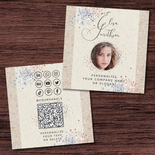  Modern Calligraphy Social Media QR Code Add Photo Square Business Card (Creator Uploaded)