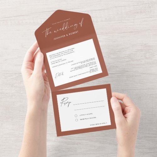 Modern Calligraphy Solid Terracotta Wedding All In One Invitation