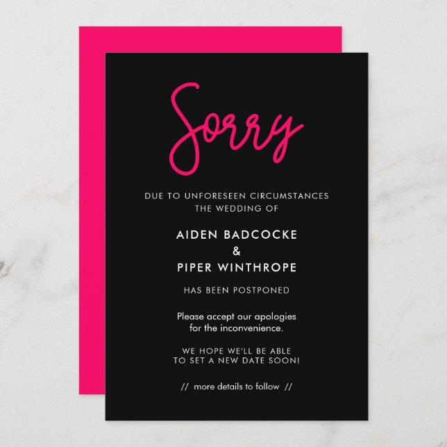 Modern calligraphy Sorry wedding update card (Front/Back)