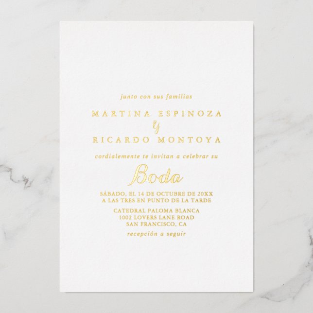 Modern Calligraphy Spanish Wedding  Gold Foil Invitation (Front)