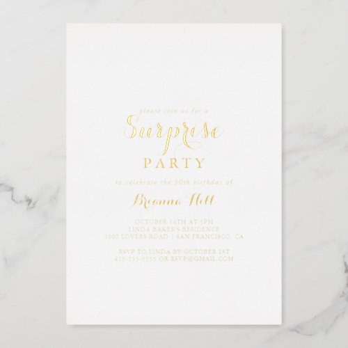 Modern Calligraphy Surprise Party Gold  Foil Invitation