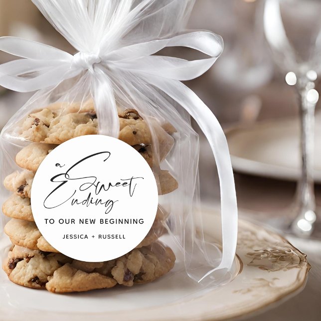 Modern Calligraphy Sweet Ending Wedding Favor Classic Round Sticker (Modern Calligraphy Sweet Ending Wedding Favor Classic Round Sticker)