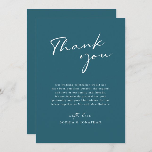 Modern Calligraphy Teal Blue Simple Wedding Thank You Card (Front/Back)