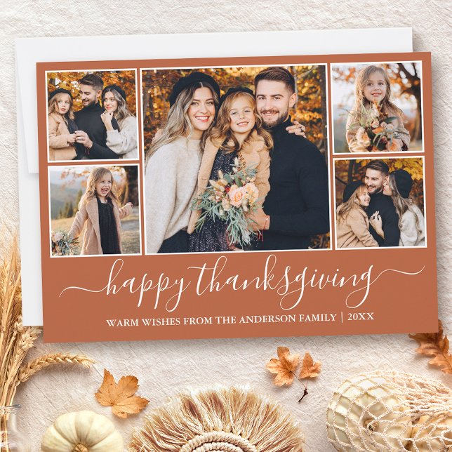 Modern Calligraphy Terracotta 5 Photo Thanksgiving Holiday Card (Customize to add text to back of card or to change color of text or color of back of card.)