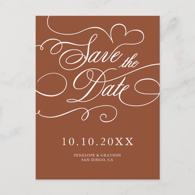 Modern Calligraphy Terracotta boho Save the Date Postcard (Front)