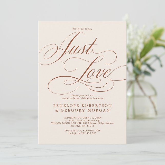 Modern Calligraphy Terracotta just love wedding Invitation (Standing Front)