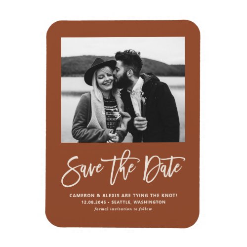 Modern Calligraphy Terracotta Photo Save the Date Magnet