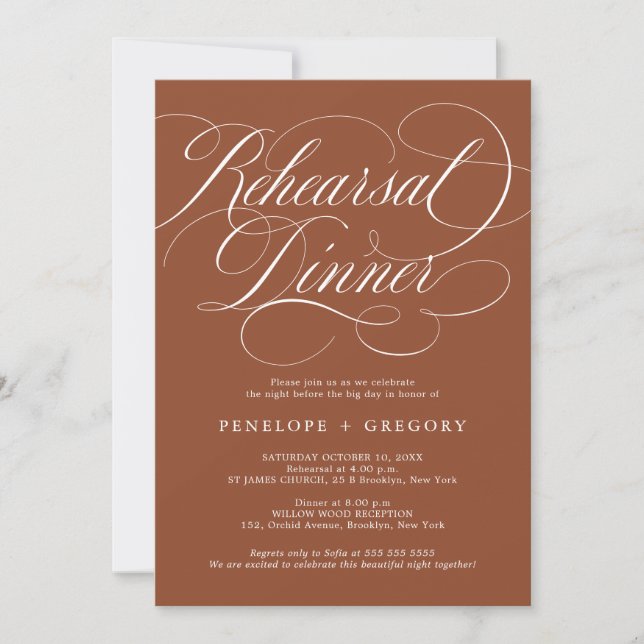 Modern calligraphy terracotta Rehearsal Dinner Invitation (Front)