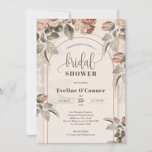 Modern calligraphy terracotta roses sage arch invitation (Front)