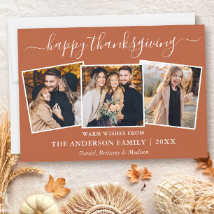 Modern Calligraphy Terracotta Thanksgiving 3 Photo Holiday Card