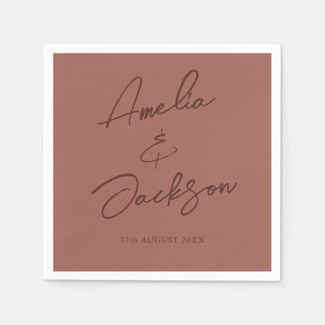 Modern Calligraphy Terracotta Wedding Napkins (Front)