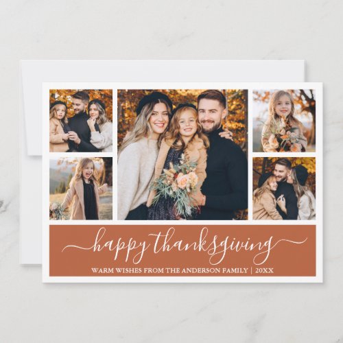 Modern Calligraphy Thanksgiving 5 Photo Terracotta Holiday Card