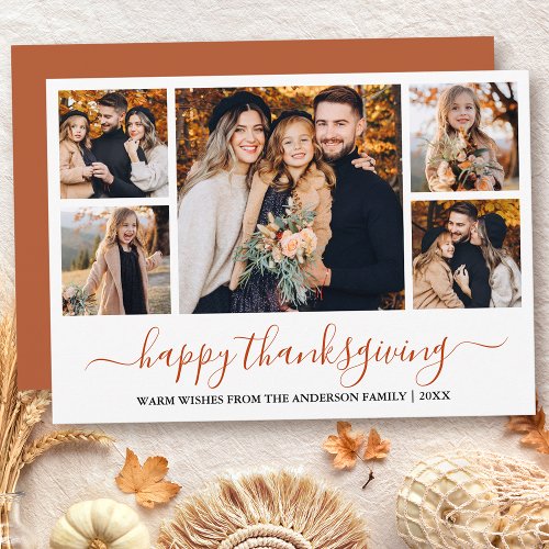 Modern Calligraphy Thanksgiving 5 Photo Terracotta Holiday Card