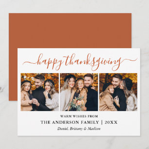 Modern Calligraphy Thanksgiving Terracotta 3 Photo Holiday Card