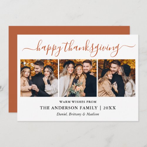 Modern Calligraphy Thanksgiving Terracotta 3 Photo Holiday Card