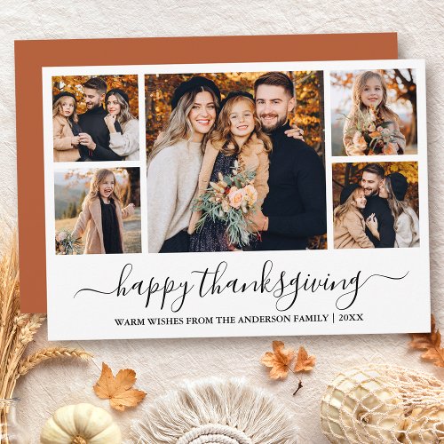 Modern Calligraphy Thanksgiving Terracotta 5 Photo Holiday Card